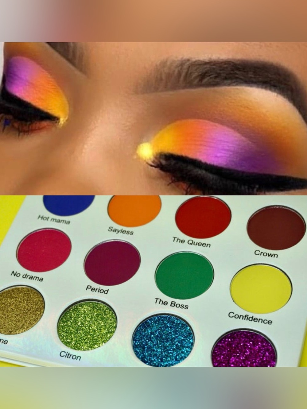 Vibrant Multi-Color Eyeshadow Palette – Yellow, Orange, Pink, Purple, Green